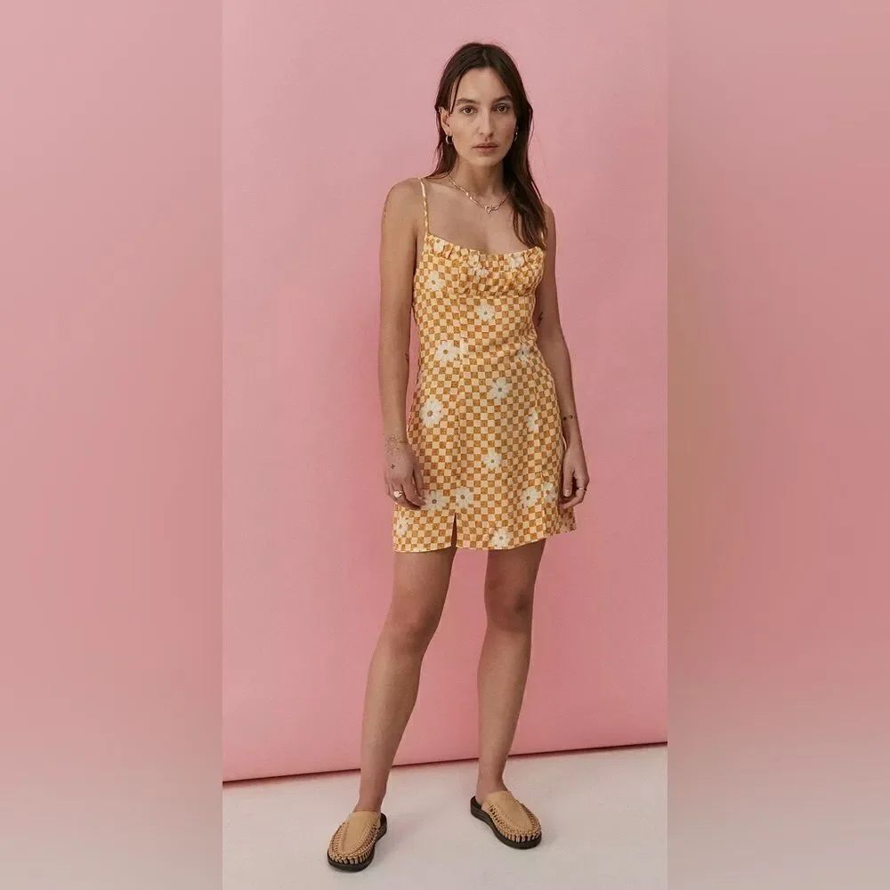 UO XS Lumi Daisy Gold Beige Check Print Spaghetti Strap Mini Bodycon Dress